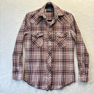 Vtg Wrangler Pearl Snap Flannel Men Small Western Plaid Shirt Brown White Cotton